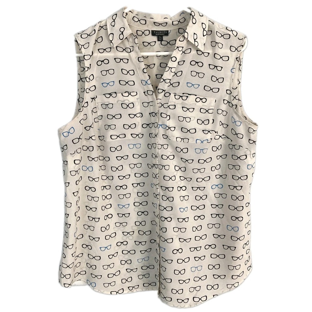Talbots Nantucket Blouse Women 1X Petite Eye Glasses Print Button Sleeveless Top